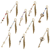 10Pcs 10 Style Tibetan Style Alloy Gemstone Bookmark, Feather with Key, Antique Bronze, 182~245mm, 1pc/style