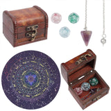 Chakra Natural Amethyst Dowsing Pendulum Pendants, with 3pcs Divination Tarot Astrological Dice, Resin Dowsing Board, Rectangle Wooden Storage Box, Mixed Color, 220x3.5mm