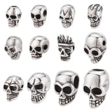 12Pcs 12 Style Stainless Steel Beads, Skull, Antique Silver, 10.5~20x7~13.5x7~13mm, Hole: 1.6~6mm, 1pc/style