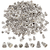 200Pcs 4 Style Tibetan Style Alloy Bead Cones, Antique Silver, 7~10x4.5~7.5mm, Hole: 1.4~1.8mm, 50pcs/style