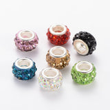 Polymer Clay Rhinestone European Beads, Large Hole Rondelle Beads, with Platinum Plated Alloy Cores, Mixed Color, 10~12x7mm, Hole: 5mm, 100pcs/box