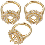 3Pcs Adjustable Brass Micro Pave Clear Cubic Zirconia Finger Ring Components, 4 Claw Prong Ring Settings, Flower, Golden, Inner Diameter: 18.4mm, Tray: 12x10mm