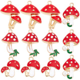 24Pcs 4 Styles Alloy Enamel Pendants, Cadmium Free & Lead Free, Mushroom, Light Gold, Red, 6pcs/style