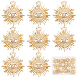 Alloy Pendants, with Crystal Rhinestone, Texured, Sun with Evil Eye, Real 18K Gold Plated, 16.5x15x3mm, Hole: 1.5mm, 22pcs/box