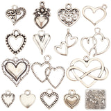 90Pcs 15 Style Tibetan Style Alloy Pendants, Heart, Antique Silver, 12~24x9~27x1.5~3mm, Hole: 1.5~2.5mm, 6pcs/style