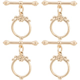 10Pcs Brass Toggle Clasps, Ring with Flower, Real 18K Gold Plated, Ring: 18.5x13x2mm, Hole: 1mm, Bar: 22x5x3mm, Hole: 1mm