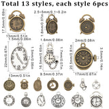 78Pcs 13 Style Tibetan Style Alloy Pendants, Alarm Clock Charm, Mixed Color, 16~22.5x9.5~18x1.5~3.5mm, Hole: 1.5~5mm, 6pcs/style