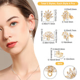 4Pairs 2 Style Brass Cubic Zirconia Stud Earring Findings with Loop, with 8Pcs Brass Ear Nuts, Flower, Golden, 12x11.5x2.5mm, 15mm, Hole: 1mm, Pin: 0.7~0.8mm, 2pairs/style