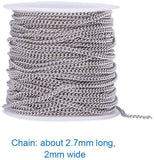 304 Stainless Steel Curb Chains Necklaces Making, with Jump Rings abd Lobster Claw Clasps, Stainless Steel Color, 2.7x2x0.5mm, about 10m/roll