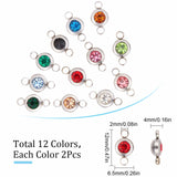 24Pcs 12 Colors 304 Stainless Steel Rhinestone Connector Charms, Flat Round, Stainless Steel Color, Mixed Color, 12x6.5x4mm, Hole: 2mm, 2pcs/color