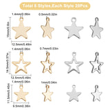 120Pcs 6 Style 304 Stainless Steel Charms, Star, Golden & Stainless Steel Color, 11~15x9.5~13x0.5~1mm, Hole: 1.4mm, 20pcs/style