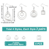 12 Pairs 4 Style Glass Blank Dome Dangle Earrings, Twist Triangle & Ring & Square 304 Stainless Steel Earrings for Women, Stainless Steel Color, 33~50mm, Pin: 0.6mm, 3 Pairs/style