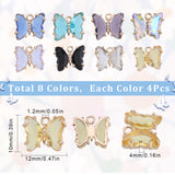 32Pcs 8 Colors Brass with Glass Charms, with Crystal Rhinestone, Butterfly, Mixed Color, 10x12x4mm, Hole: 1.2mm, 4pcs/color