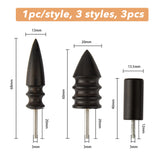 3Pcs 3 Style Sandalwood Polish Heads, with Iron Axis, Leathercraft Burnishing Tool, Black, 40~68x13~20mm, Pin: 12~20x3mm, 1pc/style