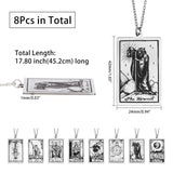 8Pcs 8 Style 201 Stainless Steel Tarot Card Pendant Necklace with 304 Stainless Steel Chains, Stainless Steel Color, 17.80 inch(45.2cm), 1Pc/style