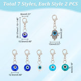 Handmade Evil Eye Lampwork & Tibetan Style Alloy Pendant Decorations for Pet Collar, with Lobster Claw Clasps, Flat Round & Round & Hamsa Hand, Mixed Color, 28~37mm, 7 style, 2pcs/style, 14pcs/box