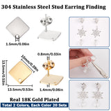 40Pcs 2 Color 304 Stainless Steel Stud Earring Findings, Rhombus, with 40Pcs Ear Nuts, Golden & Stainless Steel Color, 13.5x13.5x1.4mm, Hole: 1.5mm, Pin: 0.8mm, 20Pcs/color