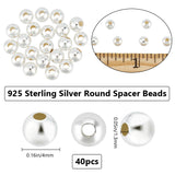 40Pcs 925 Sterling Silver Beads, Seamless Round, Silver, 4mm, Hole: 1~1.3mm