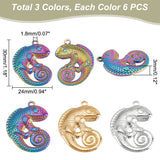 18Pcs 3 Colors 304 Stainless Steel Pendants, Lizard, Mixed Color, 30x24.5x3mm, Hole: 1.8mm, 6pcs/color