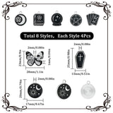 32Pcs 8 Style Alloy Enamel Pendants, Platinum, Butterfly & Coffin & Crystal Ball & Book & Flat Round, Black, 20~25x13~28mm, 4pcs/style