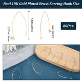 80Pcs Brass Earring Hooks, Marquise Ear Wire, with Horizontal Loops, Real 18K Gold Plated, 43mm, Hole: 1.8mm, Pin: 1mm
