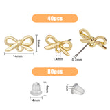 40Pcs Alloy Stud Earring Findings, with Horizontal Loops and Steel Pins, Bowknot, with 80Pcs Plastic Ear Nuts, Light Gold, 8x14mm, Hole: 1.4mm, Pin: 0.7mm