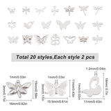40Pcs 20 Style 304 Stainless Steel Pendants, Butterfly & Dragonfly, Stainless Steel Color, 2pcs/style