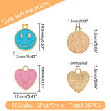 96Pcs 16 Style Alloy Enamel Charms, Cadmium Free & Lead Free, Flat Round & Heart Smiling Face, Mixed Color, 13~14.5x12x1.5mm, Hole: 1.5~1.6mm, 6pcs/style