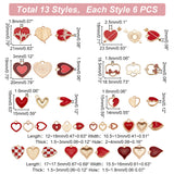 78Pcs 13 Style Light Gold Plated Alloy Pendants, with Enamel, Heart, Red, 12~21x10.5~23.5x1.5~3mm, Hole: 1.6~2.5mm, 6pcs/style