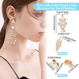 20Pcs Brass Cubic Zirconia Stud Earring Findings, with Horizontal Loops and 20Pcs Ear Nut, Leaf, Nickel Free, Real 18K Gold Plated, 14.5x7.5mm, Hole: 1mm, Pin: 0.5mm