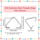 300Pcs 304 Stainless Steel Triangle Rings, Buckle Clasps, Fit for Top Drilled Beads, Webbing, Strapping Bags, Stainless Steel Color, 10~11x12~13x1mm