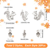 60Pcs 2 Style Alloy Charms, Cadmium Free & Lead Free, Squirrel & Acorns, Antique Silver, 14~21x7~21.5x3.5~6mm, Hole: 2mm, about 30pcs/style