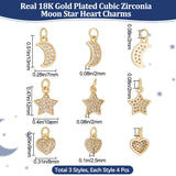 12Pcs 3 Style Brass Micro Pave Clear Cubic Zirconia Charms, Moon & Heart & Star Charm, with Jump Ring, Real 18K Gold Plated, 9~13x7~10x2~2.5mm, Hole: 2mm, 4pcs/style