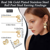 50Pcs 304 Stainless Steel Round Ball Post Stud Earring Findings, with Vertical Loops, 50Pcs Friction Ear Nuts, Real 24K Gold Plated, 15x6mm, Hole: 1.5mm, Pin: 0.8mm