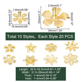 200Pcs 10 Style Iron Bead Caps, Flower, Golden, 18.5~33x16.5~34x1~3mm, Hole: 1~2.5mm, 20pcs/style