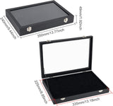 PU Presentation Clear Glass Lid Boxes, Badge Storage Showcase Display Case, Rectangle, Black, 35x24x4.9cm