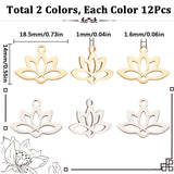24Pcs 2 Colors 201 Stainless Steel Pendants, Laser Cut, Hollow, Lotus, Golden & Stainless Steel Color, 14x18.5x1mm, Hole: 1.6mm, 12pcs/color