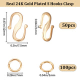 50Pcs Brass S Hook Clasps, with 100Pcs Jump Rings, Long-Lasting Plated, Real 24K Gold Plated, 12x7.5x1mm