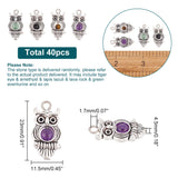 40Pcs Natural Mixed Stone Pendants, Owl Charm, with Antique Silver Tone Alloy Findings, Mixed Dyed and Undyed, 23x11.5x4.5mm, Hole: 1.7mm