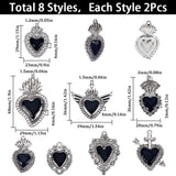16Pcs 8 Style Alloy Pendants, with Enamel, Antique Silver, Cross & Heart Charm, Black, 29~48x21.5~39x2~4mm, Hole: 1.2~2mm, 2pcs/style