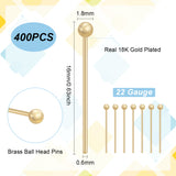 4 Bags Brass Ball Head Pins, for Jewelry Making, Real 18K Gold Plated, 22 Gauge, 16xx0.6mm, Head: 1.8mm, about 100pcs/bag