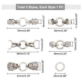 5 Sets 5 Styles Tibetan Style Alloy Spring Gate Rings, O Rings, with Cord Ends, Elephant & Skull & Cow Head & Snake, Mixed Shapes, Antique Silver, 6 Gauge, 56~81mm, 1 set/style