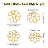 100Pcs 2 Style Brass & Alloy Fancy Bead Caps, Multi-Petal, Long-Lasting Plated, Flower, Real 24K Gold Plated, 8.5x1~3mm, hole: 1~1.5mm, 50pcs/style