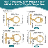 12 Sets 4 Styles Brass Toggle Clasps, Long-Lasting Plated, Ring Mixed Shapes, Real 18K Gold Plated, Ring: 15~16x11~12x2~3mm, Hole: 1.2~1.6mm, Bar: 5.5~7x17~20x2~3.5mm, Hole: 1.2~1.6mm, 3 sets/style