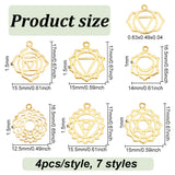 28Pcs 7 Style Chakra Brass Pendants, Ajna & Muladhara & Svadhisthana & Vishuddha, Real 18K Gold Plated, 12.5~17x12.5~16.5x1~1.5mm, Hole: 1~1.2mm, 4pcs/style