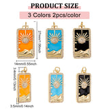 6Pcs 3 Colors Rack Plating Brass Micro Pave Clear Cubic Zirconia Pendants, with Enamel, Real 18K Gold Plated, Rectangle with Sun, Mixed Color, 27x14x3.5mm, Hole: 3.4mm, 2pcs/color