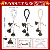 3Pcs Natural Wood Beads Stretch Bracelets Keychains, with Alloy and Iron Pendant, Cotton Thread, Bell & Key, Mixed Color, 29cm, 3pcs/set