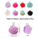 Opaque Resin Pendants, with Platinum Plated Iron Loop, Rose, Mixed Color, 16~18x13~15.5x6~7mm, Hole: 2mm, 8 colors, 4pcs/color, 32pcs
