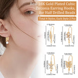 8Pcs 4 Style Brass Micro Pave Cubic Zirconia Earring Hooks, for Half Drilled Beads, Long-Lasting Plated, Oval & Flower & Tree & Butterfly, Real 18K Gold Plated, 24~25mm, 21 Gauge, Pin: 0.7mm, 2pcs/style