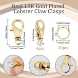 6Pcs Brass Swivel Lobster Claw Clasps, with 20Pcs Open Jump Rings, Real 18K Gold Plated, 16x7.5x4mm, Hole: 1.6mm